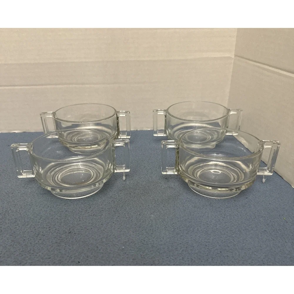 MCM Joe Colombo Arno Clear Glass Double Handled Soup Bowls from Italy - Set of 4